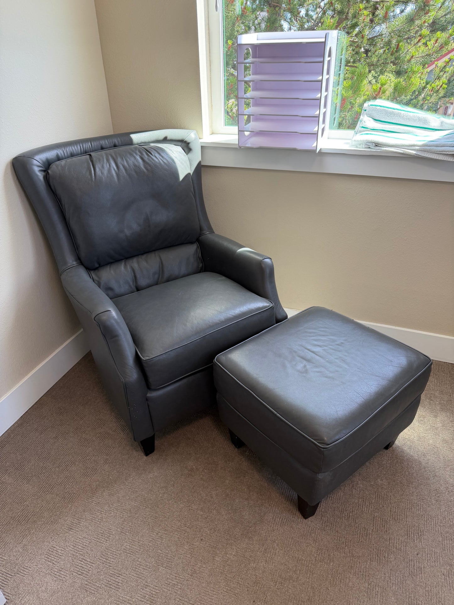 Furniture: Gray Leather Chair & Ottoman