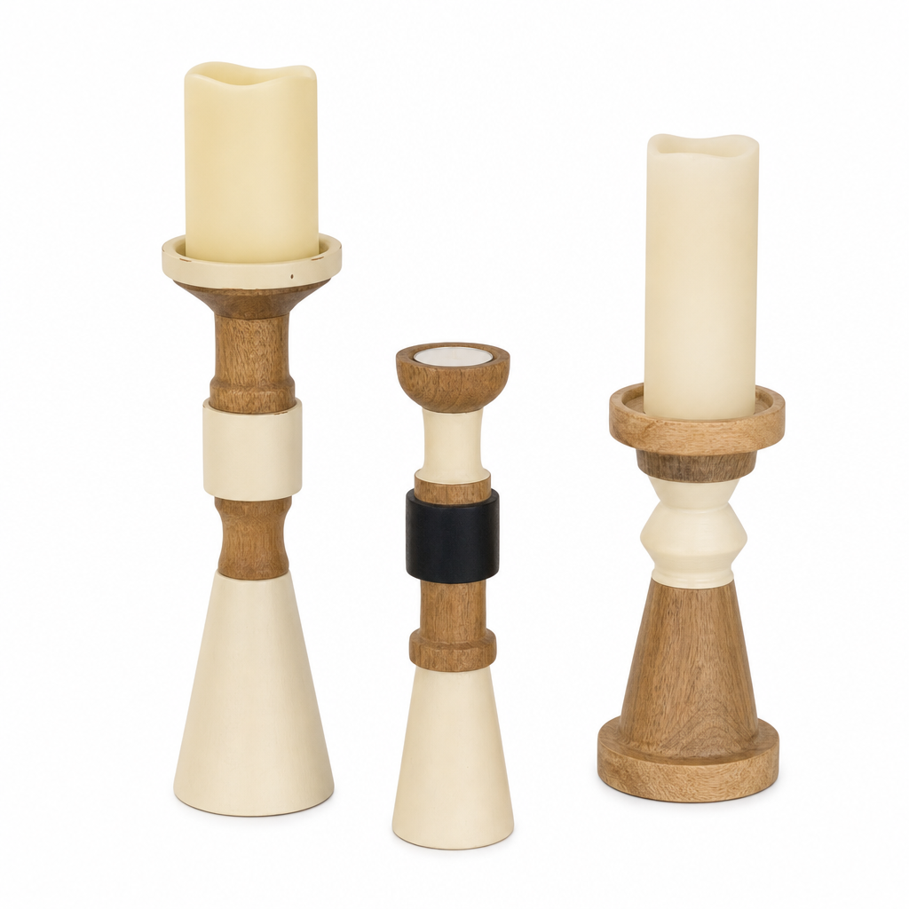 Decor: Wood/White candlesticks